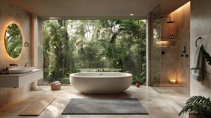 Fototapeta premium Zen-Inspired Minimalist Bathroom with Freestanding Tub and Natural Stone Finishes