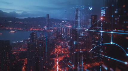 Fototapeta premium Smart digital Innovation city with connection network reciprocity over the cityscape. of future smart wireless digital city and social media networking systems that connects people with in city