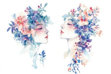 Naklejka premium Two women adorn themselves with floral headpieces