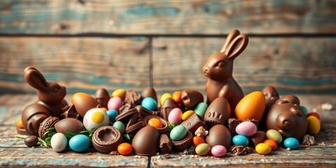 A delightful assortment of chocolate Easter treats, including bunnies and eggs, rests on a rustic wooden surface.