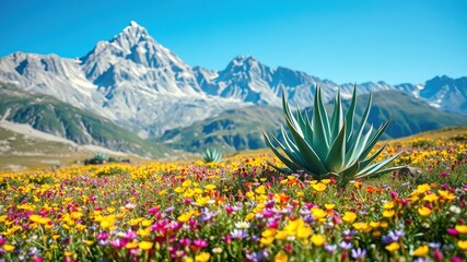 Fototapeta premium Vibrant wildflowers bloom in a picturesque alpine meadow, with majestic snow-capped mountains providing a breathtaking backdrop.