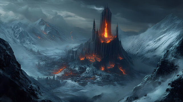 Burning Cityscape top view scene volcano eruption background mountain volcano seen image