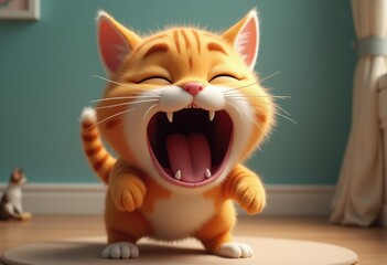 Fototapeta premium A cute cartoon cat with big eyes and a wide open mouth laughs loudly.