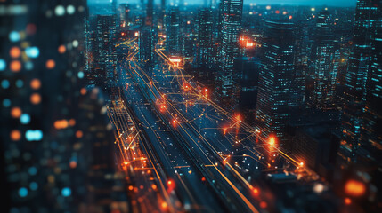 Fototapeta premium Smart digital Innovation city with connection network reciprocity over the cityscape. of future smart wireless digital city and social media networking systems that connects people with in city