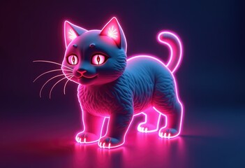 A 3D rendering of a cat with neon pink outlines  against a dark blue background.