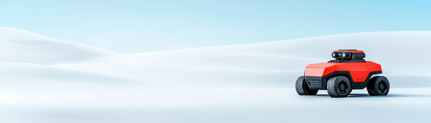 red robotic vehicle traverses snowy landscape, showcasing innovation and adventure
