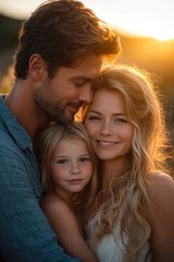 Fototapeta premium A heartwarming scene of a grown-up man and woman embracing a young child