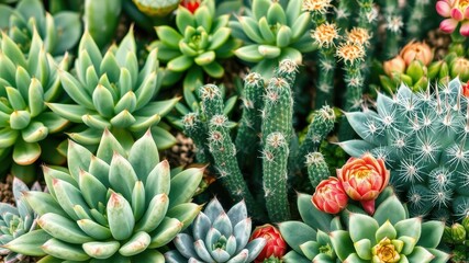 Obraz premium A Lush Collection of Succulents and Cacti in Vibrant Green and Red Hues