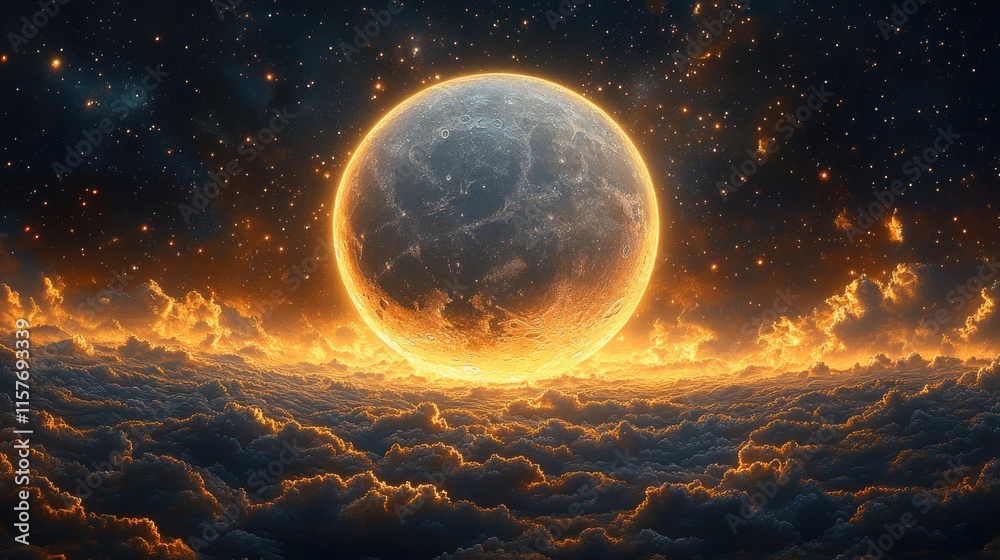 Poster a planet visible in the daytime sky with clouds and blue atmosphere