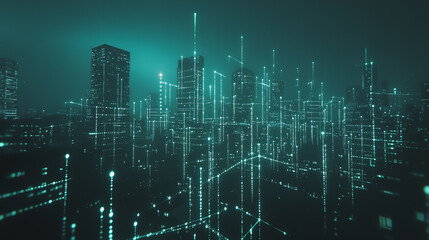 Fototapeta premium Smart digital Innovation city with connection network reciprocity over the cityscape. of future smart wireless digital city and social media networking systems that connects people with in city