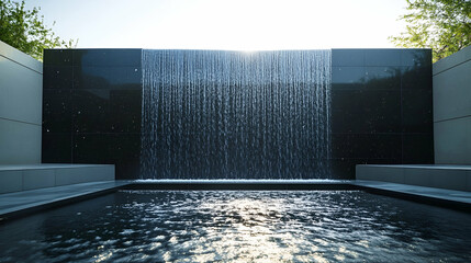 Modern zen water wall with black granite and LED lighting, contemporary garden feature