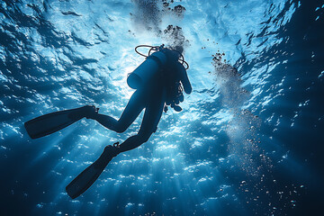 A scuba diver exploring the deep ocean surrounded by glowing bubbles, vibrant marine life, and ethereal blue light, capturing the thrill of underwater adventure.