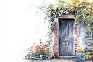 A watercolor painting of a door adorned with colorful flowers