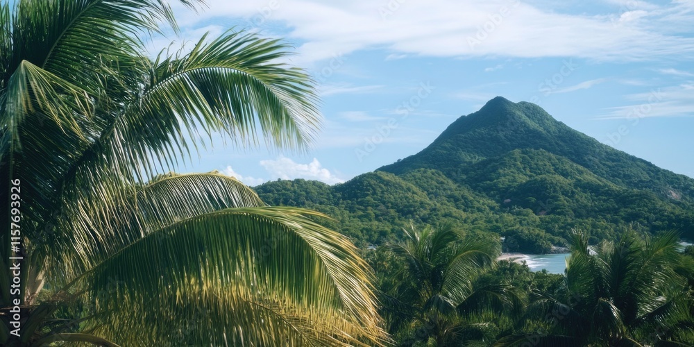 Poster mountain scenery with a solitary palm tree in the foreground, suitable for use as a background or tr