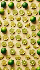 Lime Slices and Whole Limes on a Light Background