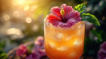 A drink with a flower garnish sitting on a table, possibly for decoration or as a centerpiece