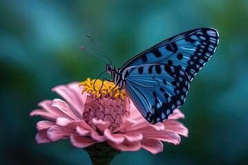 Obraz premium A blue butterfly perched on the petals of a bright pink flower, ready to take flight