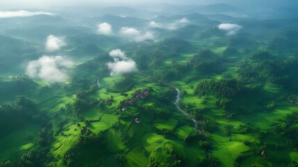 Aerial View of Lush Green Rice Terraces and Village