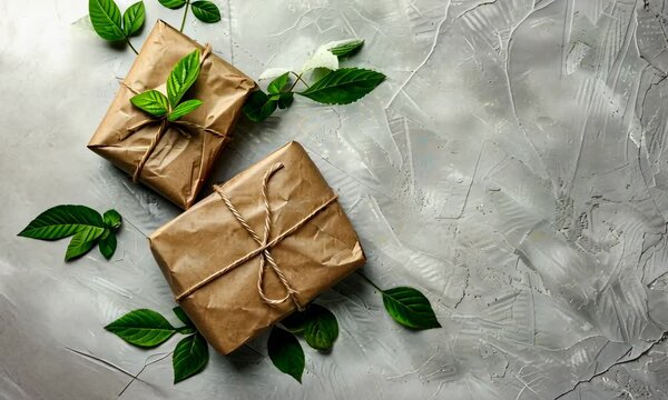 Two eco-friendly wrapped gifts with green leaves on textured surface