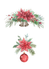 Watercolor Christmas border. Winter decoration set  with spruce, berries, poinsettia, bells, ball. Hand drawn vintage illustration on white background