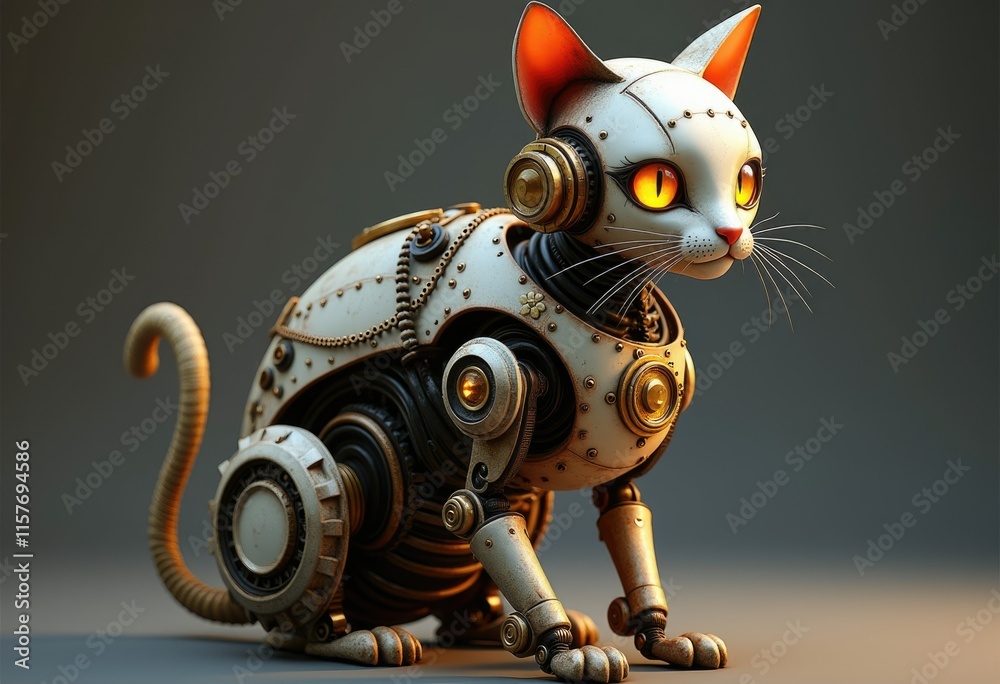 Poster A steampunk cat robot with gears and cogs  mechanical and intricate.