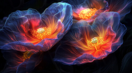 A surreal composition of glowing opium poppy flowers in a dark setting, their petals displaying radiant fractal patterns