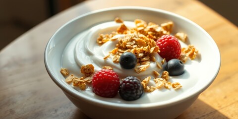 Delicious creamy yogurt parfait with crunchy granola, juicy raspberries, and sweet blueberries in a white bowl