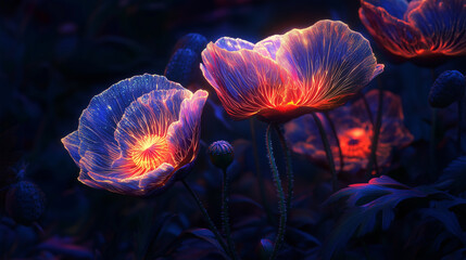 Obraz premium A surreal composition of glowing opium poppy flowers in a dark setting, their petals displaying radiant fractal patterns
