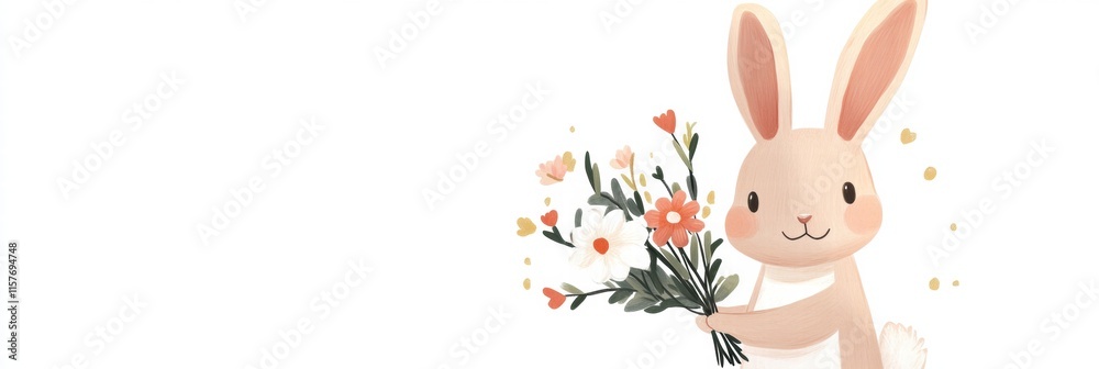 Poster Cuddly rabbit holding a colorful bouquet of flowers in a whimsical setting with space for text. Generative AI