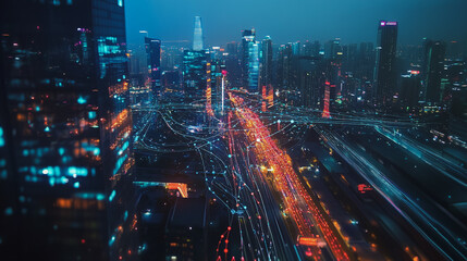 Naklejka premium Smart digital Innovation city with connection network reciprocity over the cityscape. of future smart wireless digital city and social media networking systems that connects people with in city