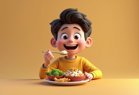 A cartoon boy happily eating rice with a spoon.