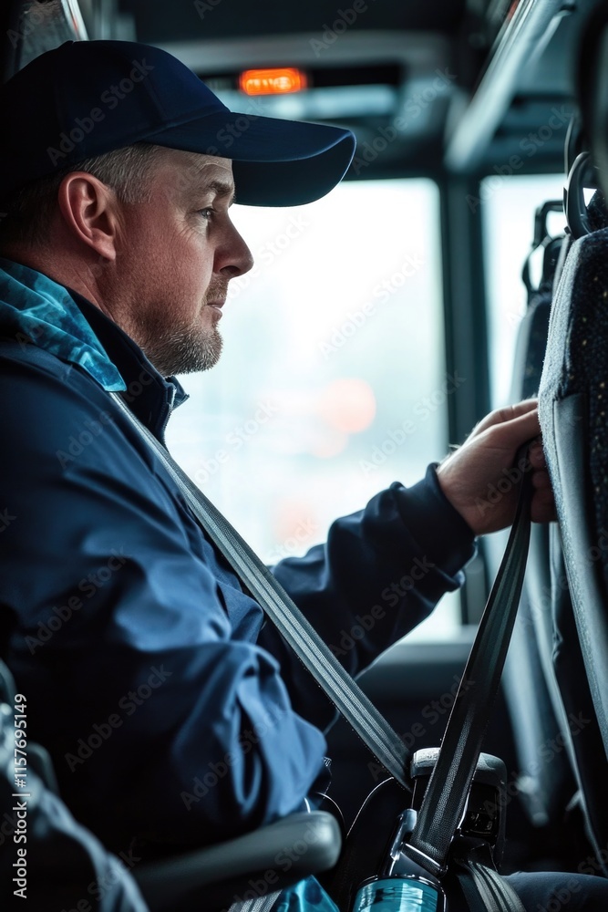 Poster a person sitting in a bus with a steering wheel, ideal for use as a metaphor or illustration