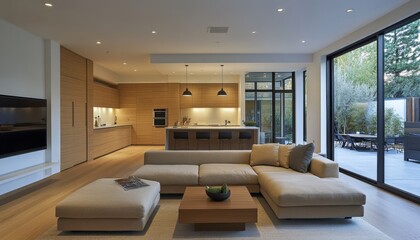 Modern Open Plan Living Room Design with Kitchen Patio