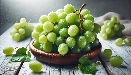 Fresh Green Grapes with Dew Drops in Wooden Bowl