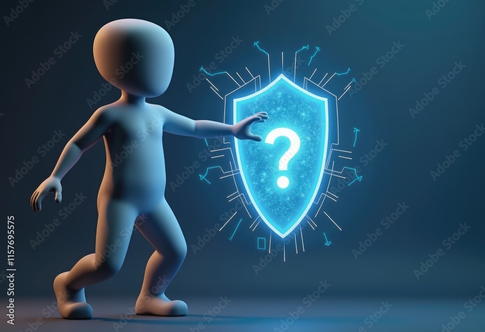 Fototapete a 3d character reaching for a glowing shield with a question mark inside.
