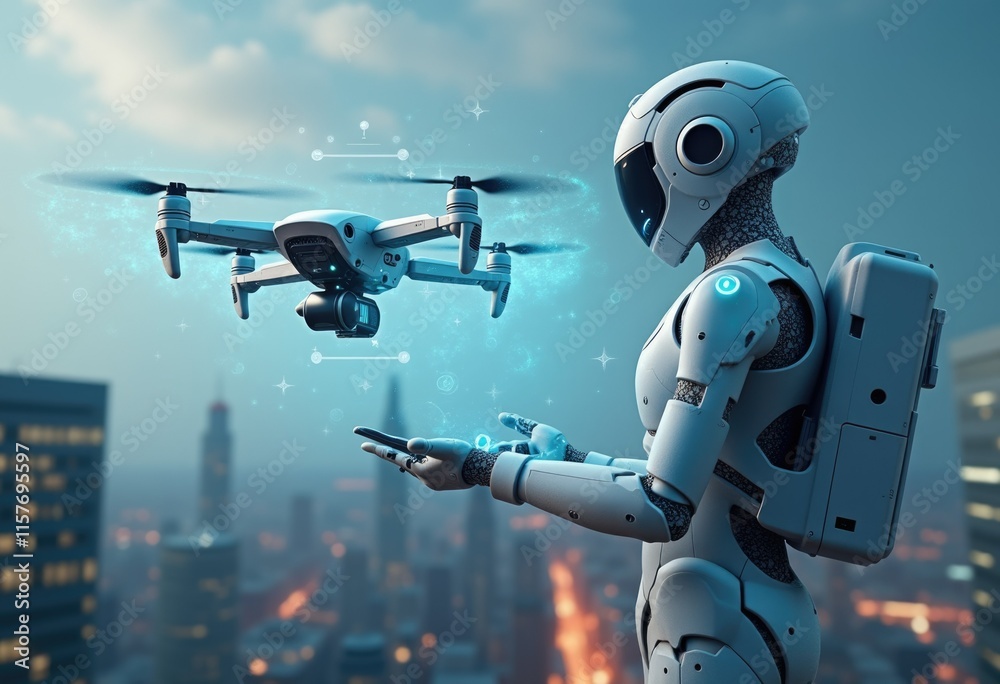 Poster a white robot uses a drone in a futuristic city setting