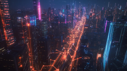 Obraz premium Smart digital Innovation city with connection network reciprocity over the cityscape. of future smart wireless digital city and social media networking systems that connects people with in city