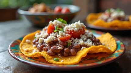 Masa tostada with beans, cheese, and fresh tomatoes