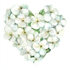 Fototapeta premium Watercolor White Flowers in Shape of Heart Isolated on White Background 