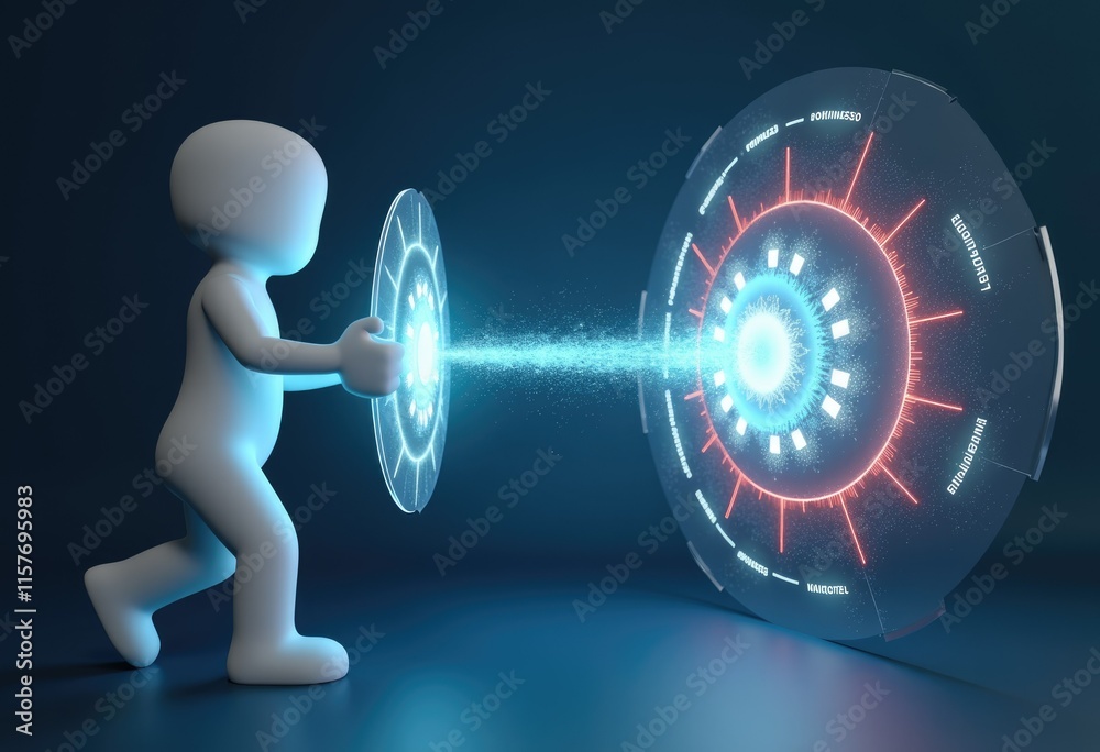 Aufkleber A 3D character using a futuristic shield to activate a glowing interface.