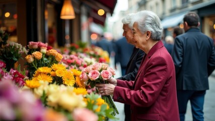 An elderly man and an elderly woman choose a bouquet at a flower fair on a city street