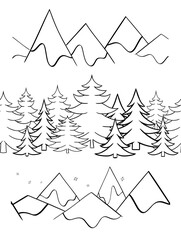 Fototapeta premium Vector winter graphic line seamless border set background, forest, trees, snowy mountain peaks