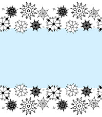 Graphic line seamless vector snowflake border template on transparent background. Monochrome seasonal pattern Border for wrapping paper, greeting cards, invitations, gift boxes and web background.