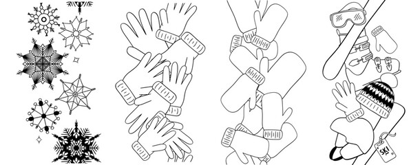 Ski equipment and winter accessorizes seamless border vertical set. Graphic line ski equipment vector icon for web design isolated on transparent background