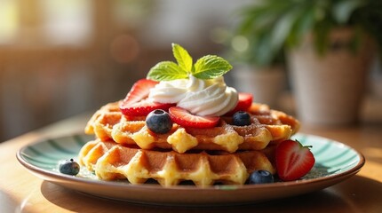 Waffles topped with cream and fresh fruit on a plate
