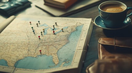 Naklejka premium Traveler planning adventures with usa map cozy coffee shop close-up inviting atmosphere