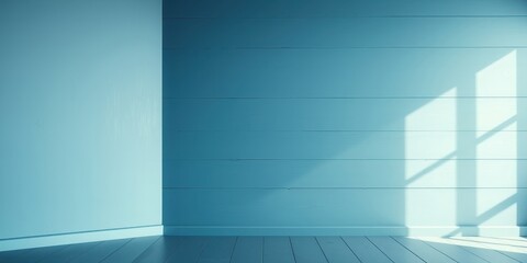 Fototapeta premium Serene Blue Room Corner with Sunlight Streaming Through Window