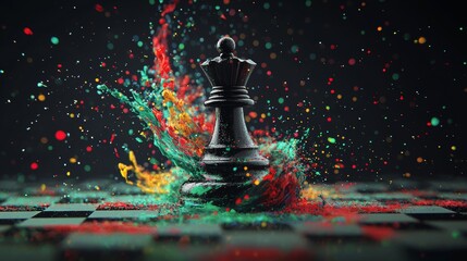 King chess piece surrounded by colorful splashes on a dark background showcasing strategic game elements