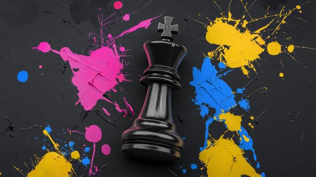 Colorful chess king piece surrounded by vibrant paint splashes on a checkered background during an artistic event
