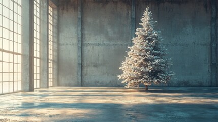 Snowy Christmas tree in industrial space.